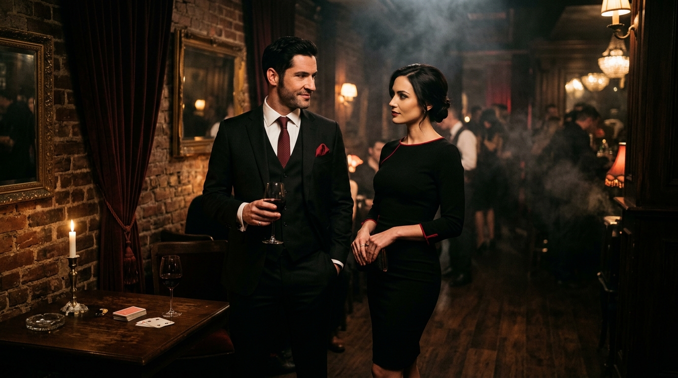 Dress code example: Lucifer style — gentleman in sharp black three-piece suit with dark red pocket square, lady in sleek black dress with red accents, candlelit secret-society atmosphere