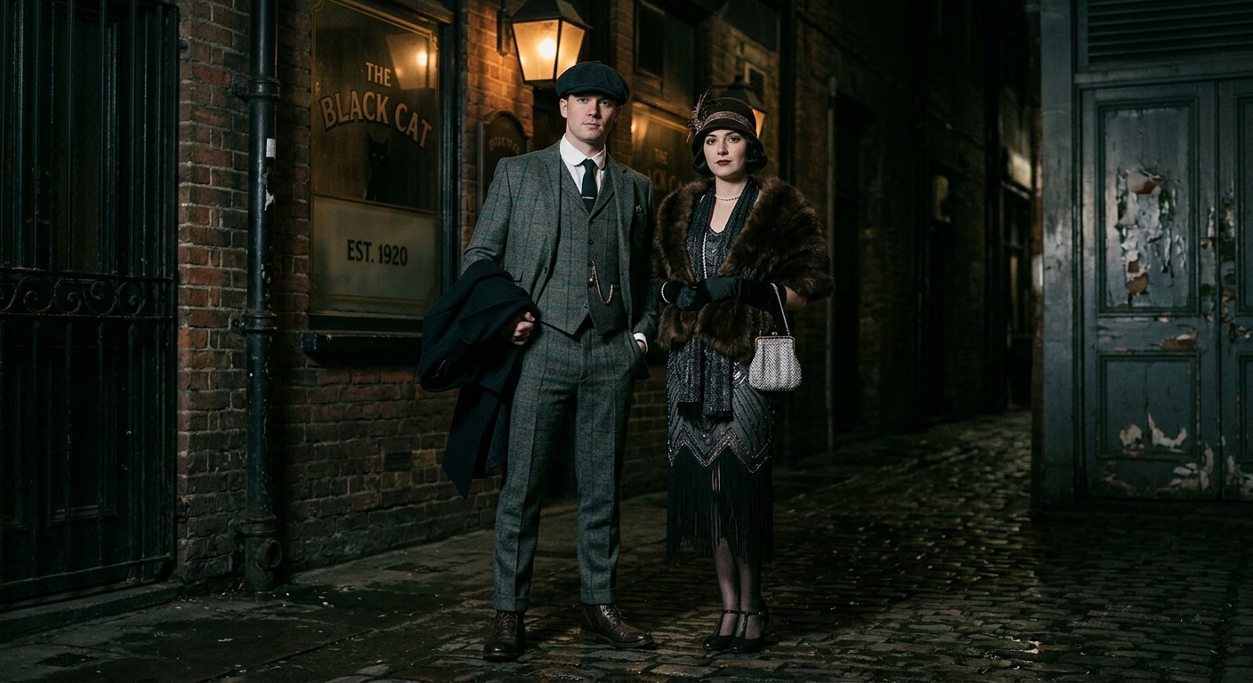 Dress code example: Peaky Blinders style — gentleman in three-piece tweed suit with newsboy cap, lady in 1920s flapper dress with cloche hat and fur stole