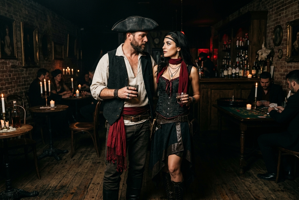 Past dress code — Pirates of the Caribbean: a couple in pirate-inspired attire, tricorn hat and red sash, corset bodice and red scarf, in a candlelit bar with blood-red accents